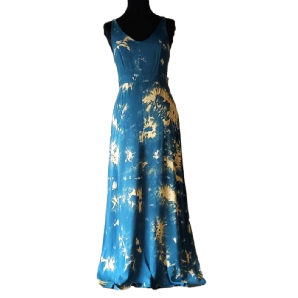 Maxi summer dress Blue and Cream tie dye Sleeveless Floor Length